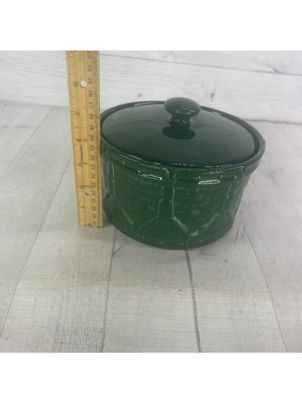 Longaberger Pottery WOVEN DRUM Ivy Green Traditions Embossed 4